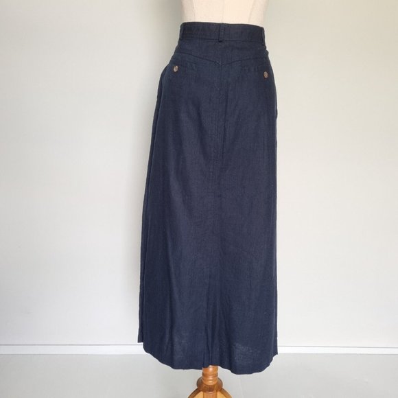 Katies Navy Blue Linen Blend Button Down Midi Skirt Vintage 90s Size 16 - Picture 5 of 9